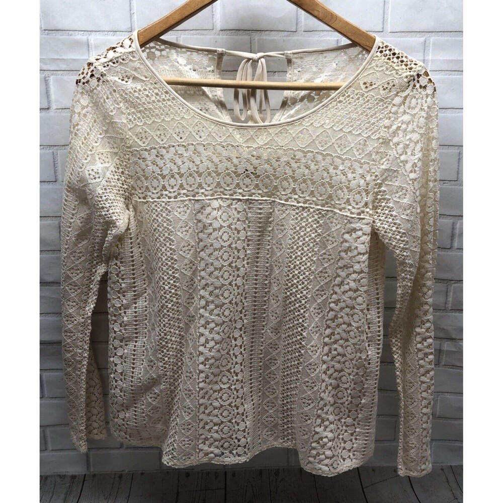 Hollister Women Top Size Small Lace Blouse Tie Back Long Sleeve Cream Ivory